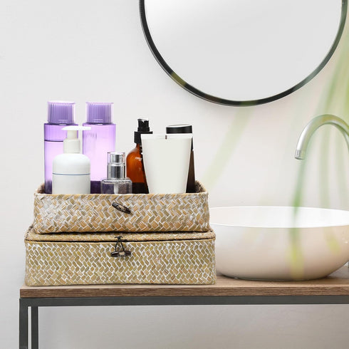 Set of 4 Seagrass Baskets with Lid, Decorative Storage Boxes for Shelf, Closet, Bedroom, 4 Sizes, White
