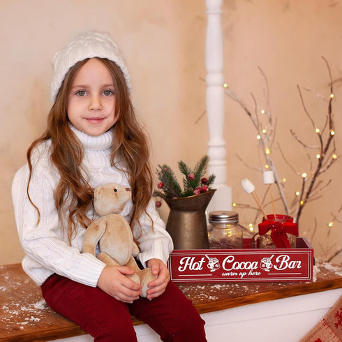 TURSTIN Christmas Hot Cocoa Bar Wood Storage Box Rustic Farmhouse Hot Cocoa Bar Accessories With Handle Decorative