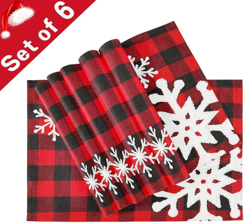 Christmas Red Plaid Snowflake Placemats, Set of 6, Heat-Resistant, Washable Table Mats for Kitchen Dining Decoration