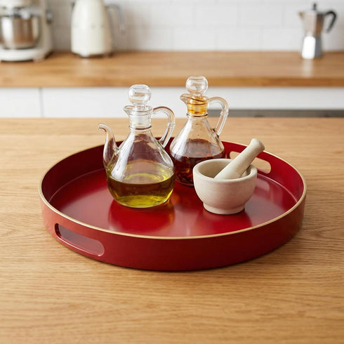 13" Round Decorative Tray, Red Serving Tray with Handles, Plastic Coffee Table Tray for Ottoman, Living Room, Bathroom