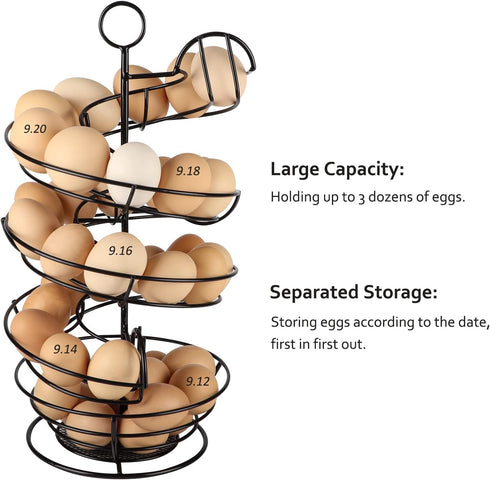 Countertop, QUTREY Black Metal Egg Holder Fresh Egg Skelter, Spiral Design Egg Dispenser Rack with Storage Basket