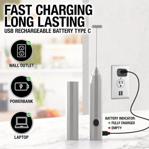Zulay Rechargeable Froth N Go Milk Frother - 3-in-1 Wand with Case & USB-C Charger, 3 Whisk Attachments, Silver