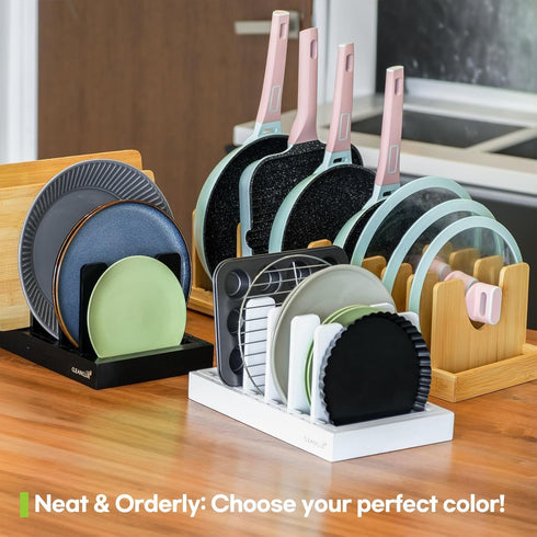 Bamboo Expandable Pots and Pans Organizer under Cabinet, Adjustable Pot Lids Holder Rack for Kitchen Storage