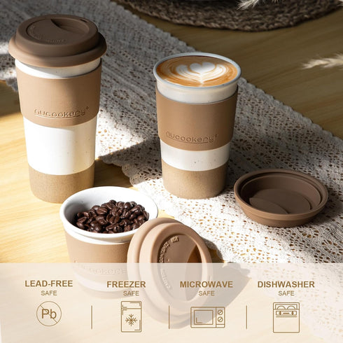 Set, Nucookery Ceramic Travel Coffee Mug Coffee Tumbler with Silicone Lid and Non-Slip Sleeve, Unique To Go Mug, Gifts