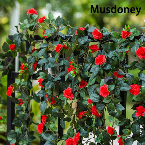 Musdoney 4Pcs 32.2 FT Fake Rose Vine Flowers, Artificial Flower Garland for Home, Wedding, Party Decor (Red)