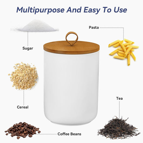 Ceramic Storage Jars, Elegant Airtight Canisters with Wooden Lid for Kitchen Spice Tea Sugar Storage (White)