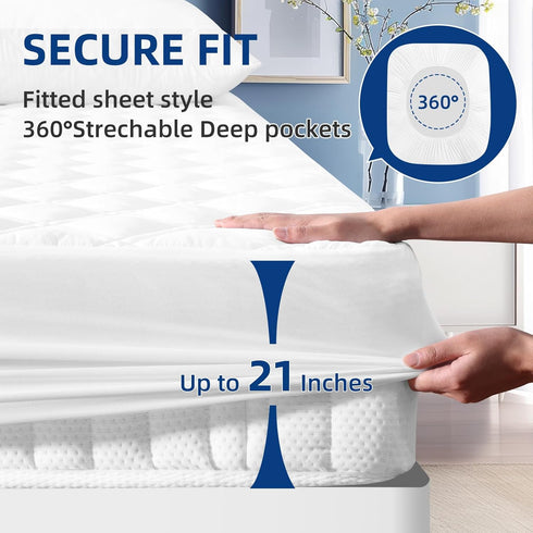 Queen Mattress Protector, Soft Breathable Waterproof Mattress Pad Cover Fitted Deep Pocket 8"-21", Noiseless Quilted