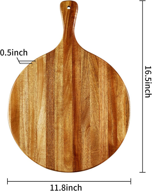 Acacia Wood Round Cutting Board with Handle - Wooden Charcuterie Board, Versatile Cutting Serving Board for Pizza, Bread, Cheese, Vegetables, and Kitchen Decor, 16"x12"