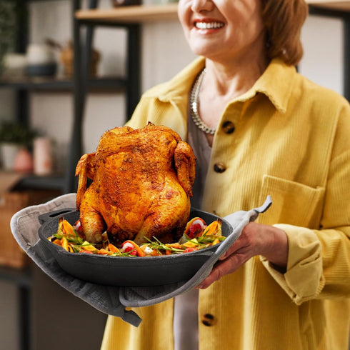 Cast Iron Chicken Roaster, Beer Can Chicken Holder Turkey Fryer with Roasting Pan, Poultry Roaster Stand Barbecue