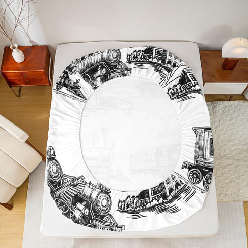 Set 3pcs 1 Manfei Retro Steam Locomotive Twin Size Bedding - with Deep Pocket Fitted Sheet, Flat Sheet, Pillowcase