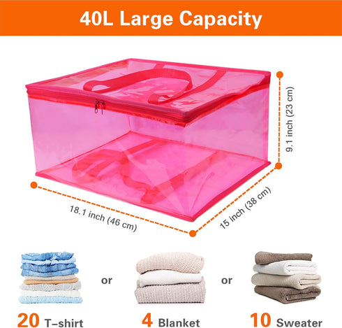 Vieshful Pink 40L Clear Clothes Storage Bag with Zipper 3 Pack Colorful Clothes Organizer Vinyl Storage Bag for Comforter, Blanket, Bedding, Duvet, Transparent Moving Totes by Vieshful