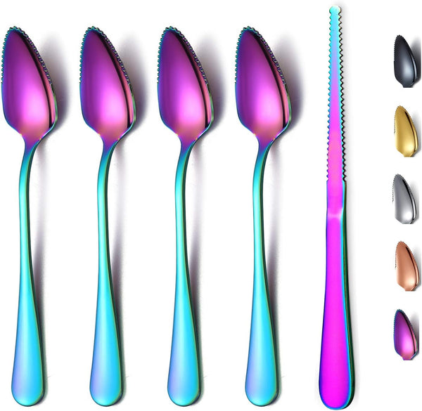 Rainbow Grapefruit Spoons 5 Pieces Set, 4 Stainless Steel Grapefruit Spoons and 1 Knife, Serrated Edges