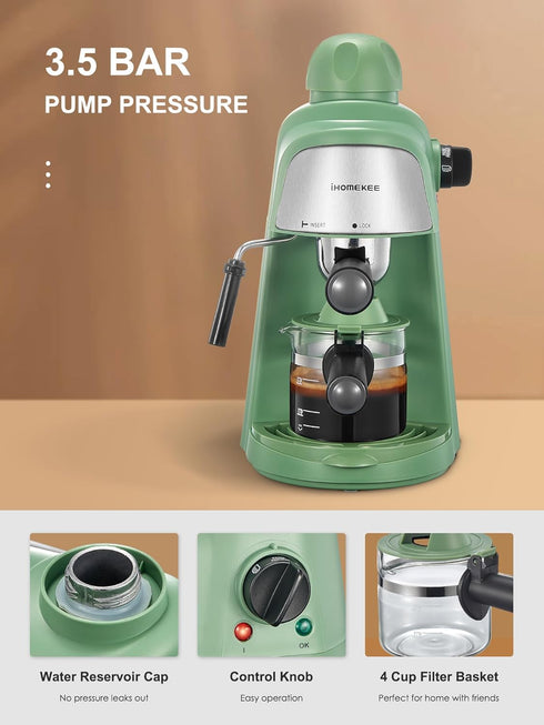 Ihomekee 3.5Bar 4 CM6810 Espresso Machine, Espresso and Cappuccino Machine with Preheating Function, Cup Coffee Maker