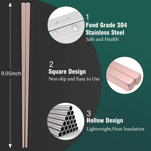 GLAMFIELDS Reusable Metal Chopsticks, Dishwasher Safe Stainless Steel Japanese Style, 5 Pairs Gift Set