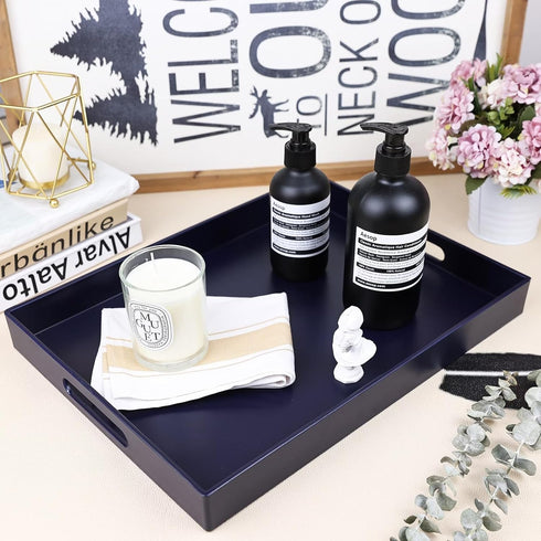 Counter, 11.8*15.7*1.6 Navy Blue Serving Tray for Coffee Table, Rectangular Plastic Decorative Tray with Handles
