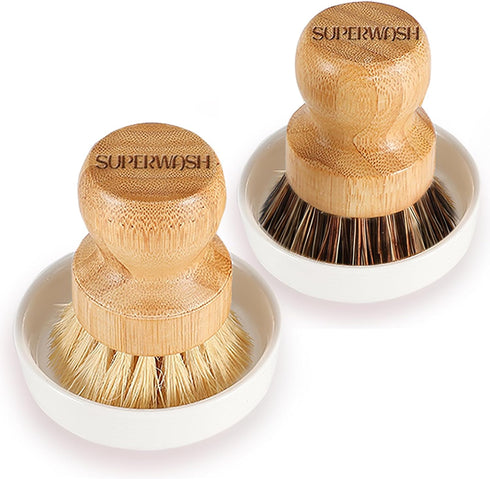 Bamboo Brush Dish Scrubber - Natural Bristles Palm Pot Brush, 2 Pack Round Mini Dish Brush for Kitchen Cleaning