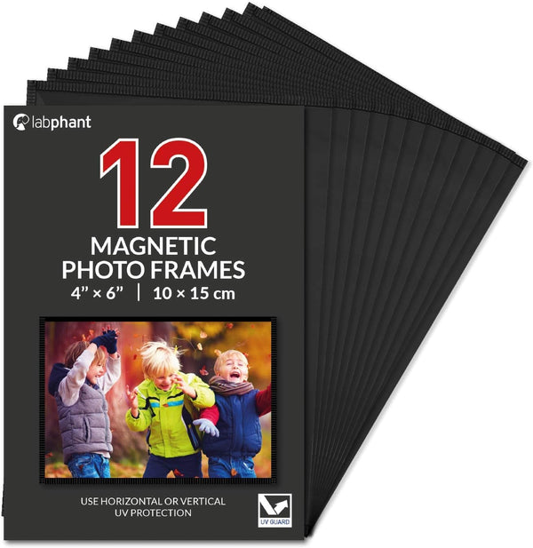 12 Pack 4x6 Inch Magnetic Picture Frames, Photo Pocket Frames with White Borders for Fridge, 4 x 6 Inch (Black)