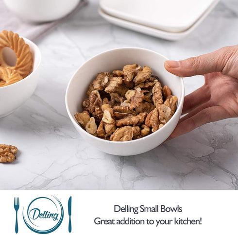 DELLING Small Bowls Set of 6, 10oz White Porcelain Bowls for Kitchen, Dessert, Ice Cream, Dipping, Snacks, Side Dishes