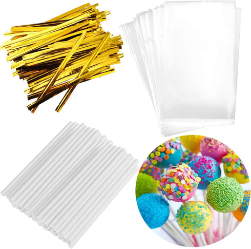 300PCS Lollipop Cake Pop Treat Bag Set with 100pcs Parcel Bags, Treat Sticks, Gold Metallic Twist Ties for Candies