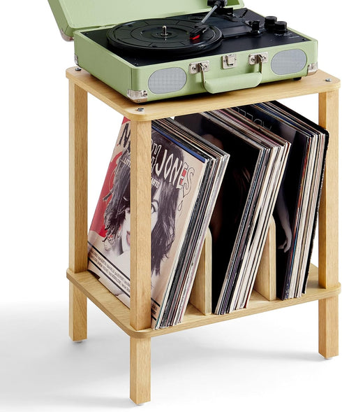 LELELINKY 2-Tier Bamboo Record Player Stand with Vinyl Record Storage up to