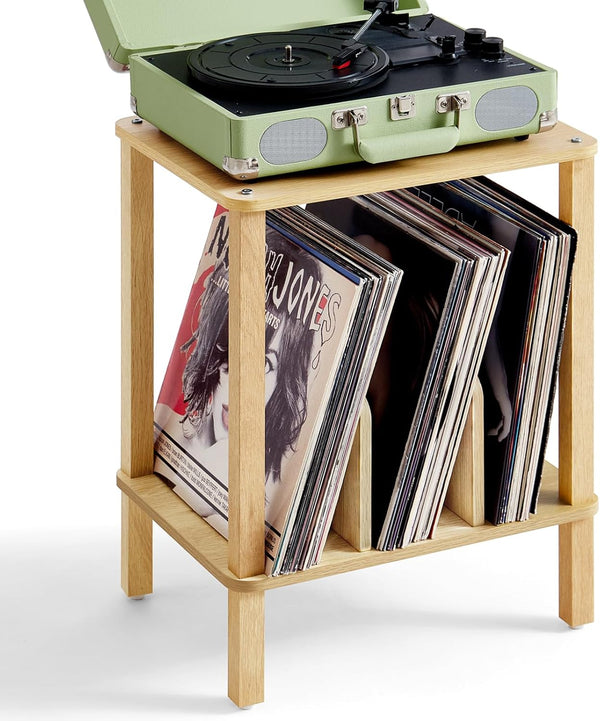 LELELINKY 2-Tier Bamboo Record Player Stand with Vinyl Record Storage up to