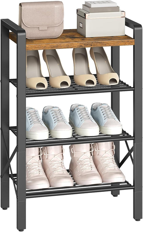 4-Tier 4-8 SS64BR YATINEY Narrow Shoe Rack, Tall Shoe Rack for Pairs, Slim Shoe Storage Organizer with Wooden Top
