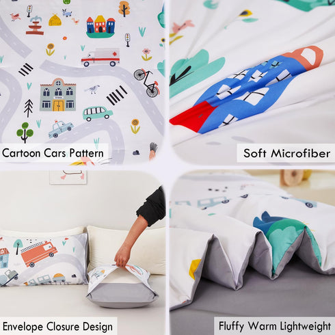 Sets 3-Piece Sets 2 ZRNBAST Twin Size Comforter for Boys Cartoon Cars Kids Bedding Soft and Lightweight White