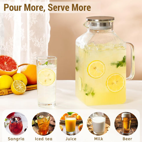Snuvid 1 Gallon thickened Square Glass Pitcher with Lid, Classic Stripes Water Pitchers for Fridge, Borosilicate Glass