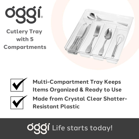Oggi 5-Compartment Silverware Organizer, Clear Cutlery Storage for Kitchen Drawers