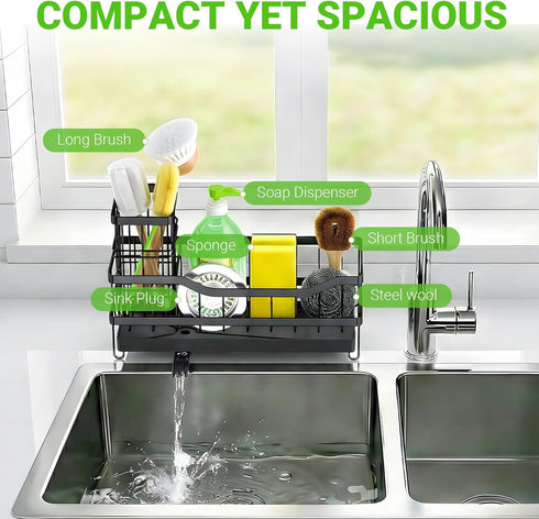 Countertop, Sponge Holder for Kitchen Sink, Self-Draining Sink Caddy Organizer with Removable Brush Holder, Rustproof