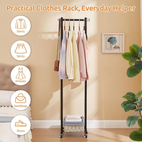 63 Inch 110lbs, LiaMeE Tall Clothes Rack with Wheels, Heavy Duty Metal Garment Rack with Shoe Shelf, Rolling Clothing