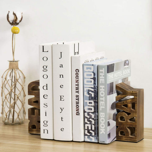 2 Set MyGift Book Ends Christian for Shelves, Wood Bookends Carved in Read and Pray Block Letters, Decorative Book