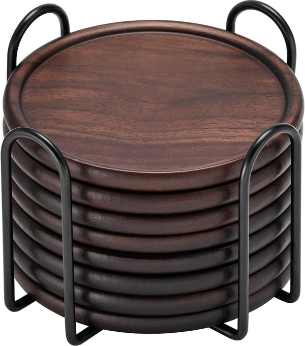 Wood Coasters with Metal Holder, GOH DODD Set of 8 Walnut Wooden