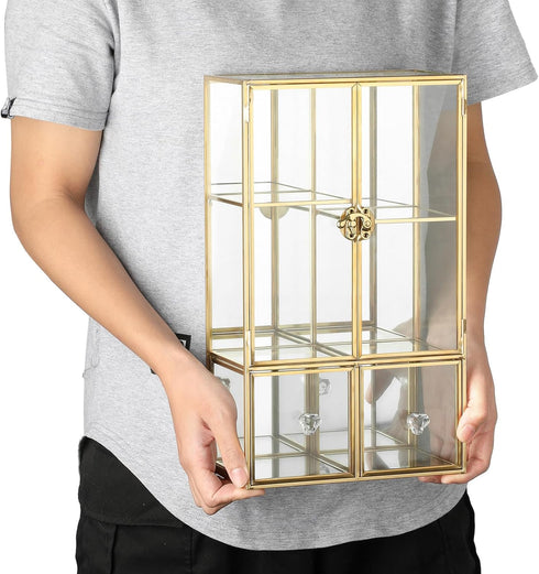 ELLDOO Clear Glass Storage Box with 2 Drawers, Gold Mirrored Jewelry Makeup Display Organizer Case