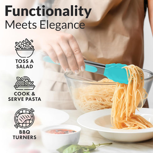 Zulay Stainless Steel Kitchen Tongs with Silicone Tips, Set of 2 (9” & 12”), Locking Cooking Tongs, Silver/Aqua Sky