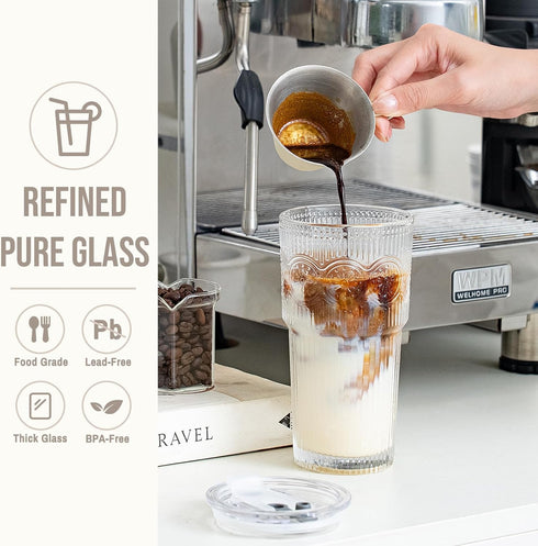20oz Set 4 SoulTimes Ribbed & Floral Glass Tumbler of Reusable Glass Cups with Lid and Glass Straw, To-Go Iced Coffee