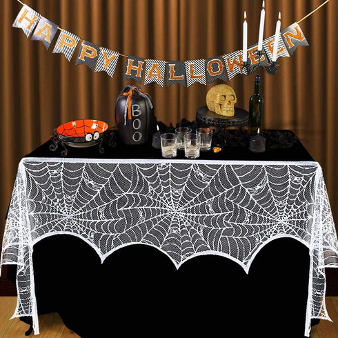 AerWo Halloween Decorations Indoor Fireplace Mantel Scarf, White Lace Spiderweb Cover for Halloween Mantle Decor, 18x96