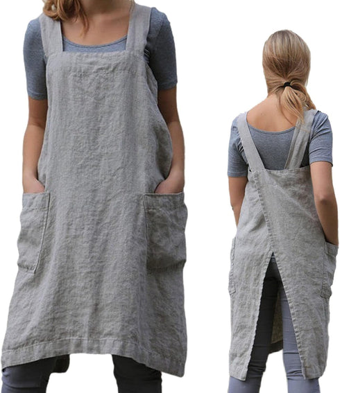 ZQFFB Women's Pinafore Cross Back Apron with Pockets, Japanese Smock for Cooking, Gardening, Baking