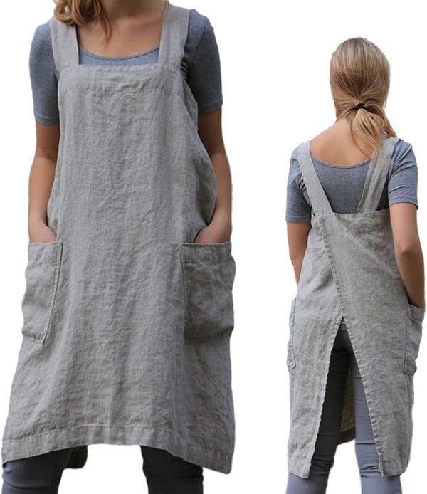ZQFFB Pinafore Cross Back Apron for Women - Japanese Smock with Pockets for Cooking, Gardening, Painting, Baking