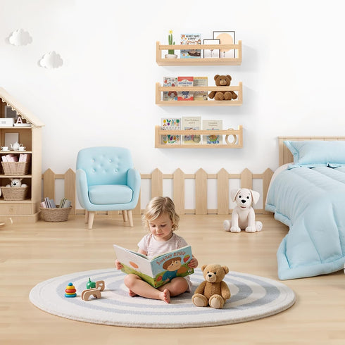 16.5 Inch Set 3 Floating Wall Nursery Book Shelves for Bedrooms Kids Natural Color Wooden Baby Book Shelf for Kids