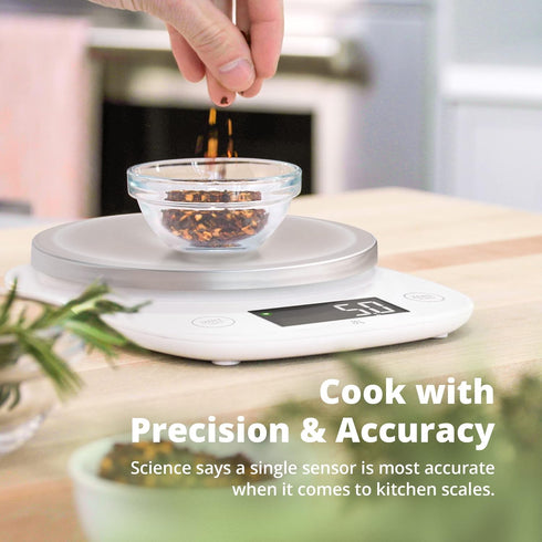 Greater Goods Premium Baking Scale with Bag, Ultra Accurate, Digital Kitchen Scale, Weigh Food and Coffee, Meal Prep, Four Units of Measurement (White+SS, No Bowl)