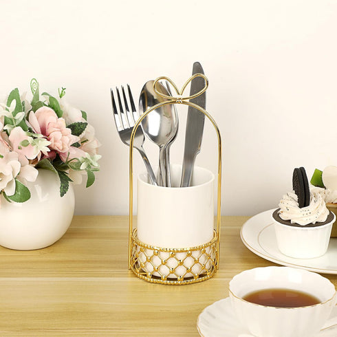 JUXYES Ceramic Silverware Holder for Tabletop, White Cutlery Holder with Golden Metal Bracket for Kitchen