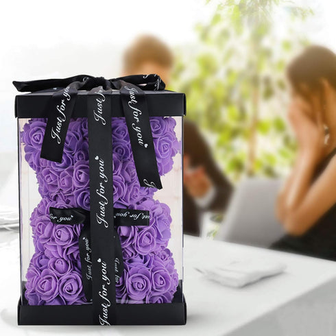 LINKLO Rose Bear, 10 inch Artificial Rose Flower Bear Gift for Wedding, Mothers Day, Anniversary (Purple)