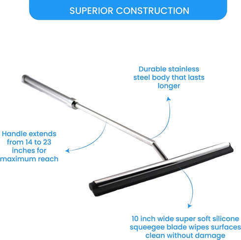 Shower Squeegee with Long Handle and Adhesive Hook for Glass Doors, Tile Walls, Mirrors, and Windows