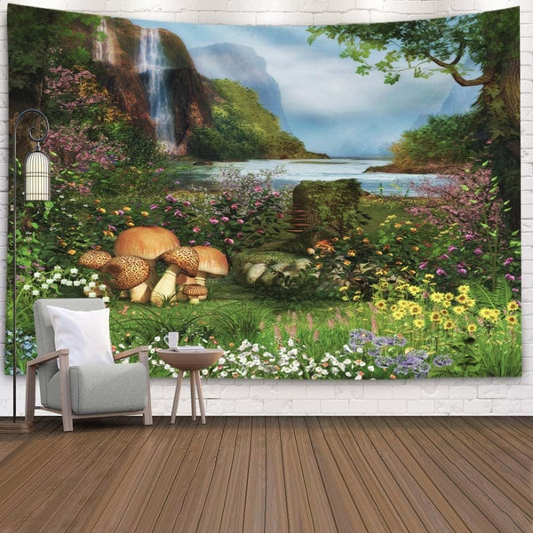 Crannel Painting Tapestry Blanket - Beautiful Scenic View Enchanted Garden Waterfall River Wall Art 92.5X70.9 Inches
