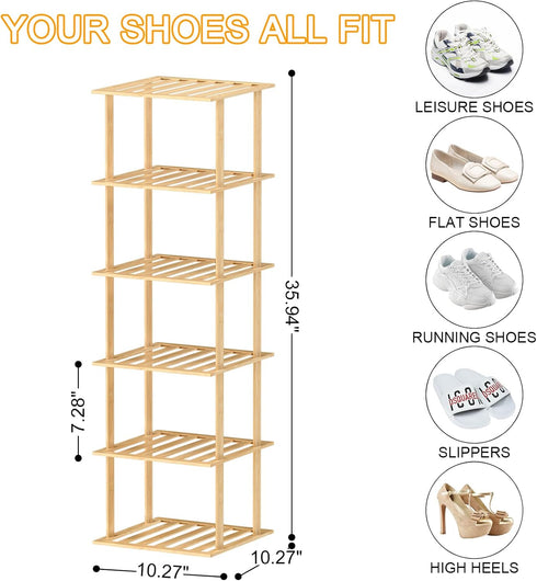 Bamboo Shoe Rack, Vertical Narrow Shoe Rack for Small Spaces, Space Saving Storage for Front Door Entrance, Closet,