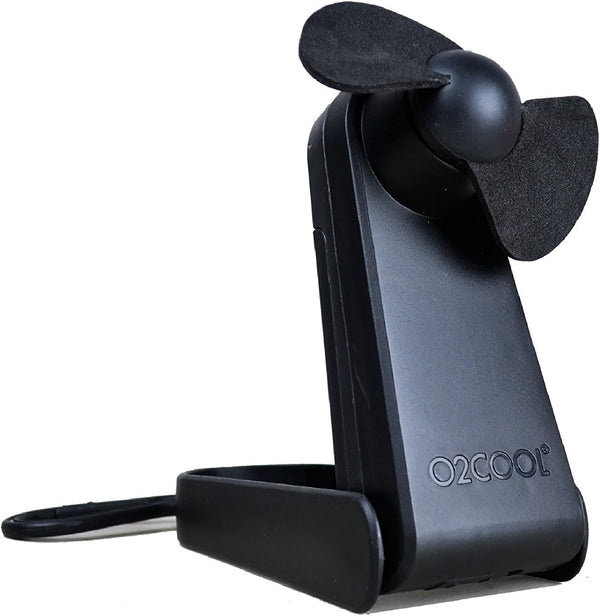 O2COOL Personal Battery Pocket Fan - Carabiner Clip, Flip Down Stand, Quiet Foam Blades - Black