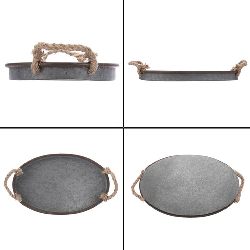 Hipiwe Galvanized Metal Iron Oval Tray with Rope Handle Farmhouse Serving Tray Rustic Industrial Decorative Centerpiece