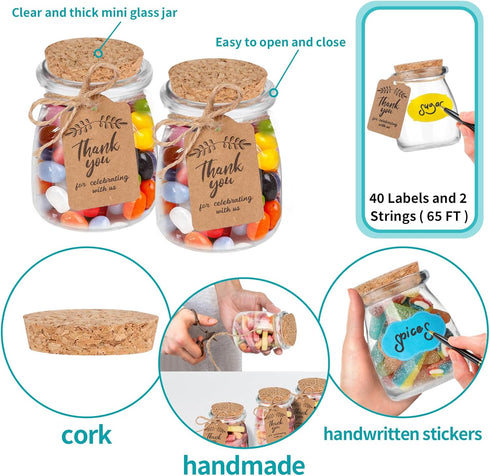 40 Pack 7 oz AIXIANG Glass Favor Jars with Cork Lid and Seal Cap with Twine Labels for Wedding,Baby Shower,Party