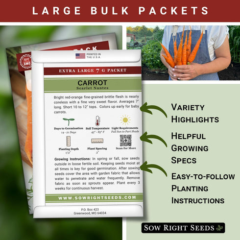 7 4000 Pack Sow Right Seeds - Bulk Scarlet Nantes Carrot Seed for Planting - Grams, Seeds - Non-GMO Heirloom Jumbo